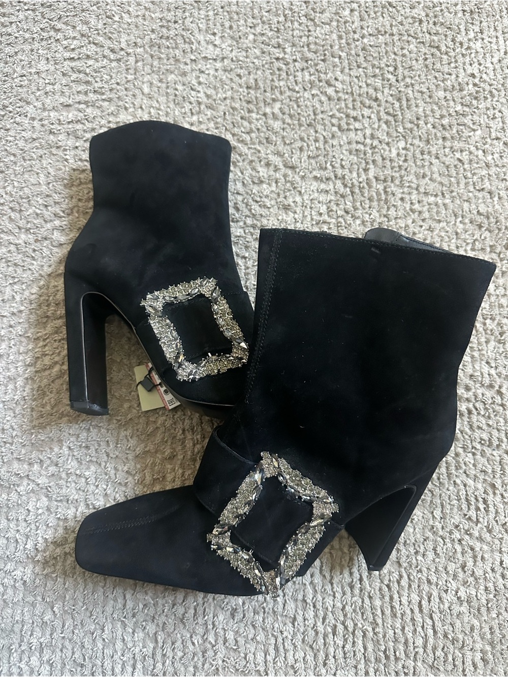 Zara Black Suede Ankle Boots with Decorative Crystal Buckle